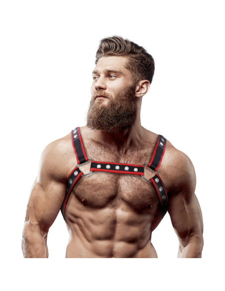 FETISH SUBMISSIVE ATTITUDE ARNES BULLDOG ECOPIEL PECHO HOMBRE NEGRO ROJO