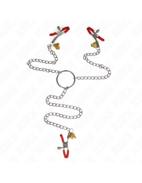 KINK PINZAS PARA PEZONES Y CLATORIS ROJAS CON CASCABEL DORADO Y CADENA 30 CM