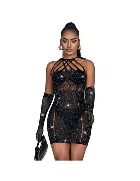 SUBBLIME 952235 VESTIDO DE REJILLA CON BRILLANTES NEGRO TALLA ANICA