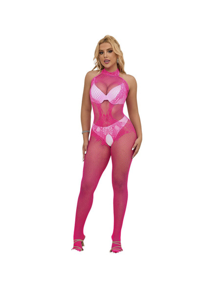 SUBBLIME 952389 BODYSTOCKING CROTCHLESS DE REJILLA Y ENCAJE CON CUELLO ALTO ROSA TALLA ANICA