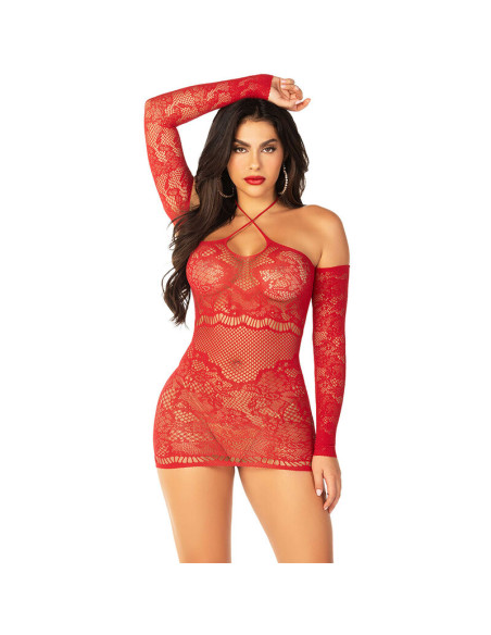 LEG AVENUE MINIVESTIDO DE REJILLA CON HOMBROS DESCUBIERTOS Y MANGA LARGA ROJO