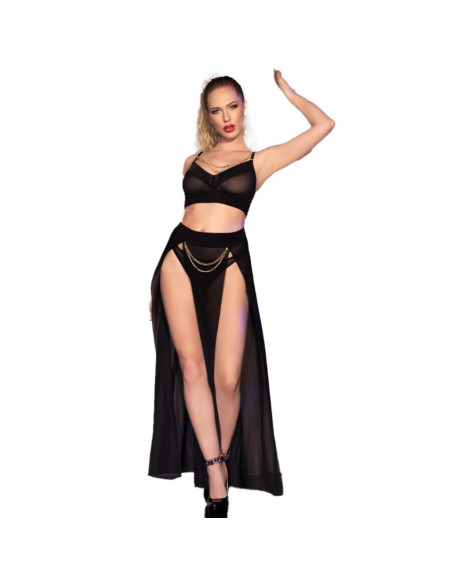 CHILIROSE CR 4672 TOP NEGRO FALDA Y TANGA CON CADENAS DORADAS S