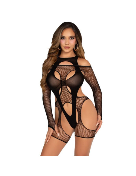 LEG AVENUE BODY DE REJILLA CON LIGA Y ARNAS NEGRO