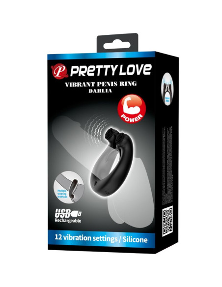 PRETTY LOVE DAHLIA ANILLO VIBRADOR ESTIMULADOR DE CLITOIS 12 VIBRACIONES NEGRO