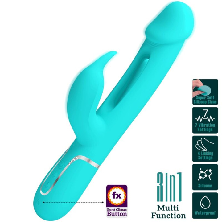 PRETTY LOVE KAMPAS VIBRADOR RABBIT 3 EN 1 MULTIFUNCION CON LENGUA VERDE AGUA