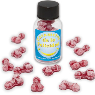 DIABLO PICANTE BOTE 12 CARAMELOS DE LA FELICIDAD FORMA PENE FRESA CEREZA