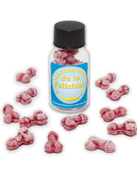 DIABLO PICANTE BOTE 12 CARAMELOS DE LA FELICIDAD FORMA PENE FRESA CEREZA