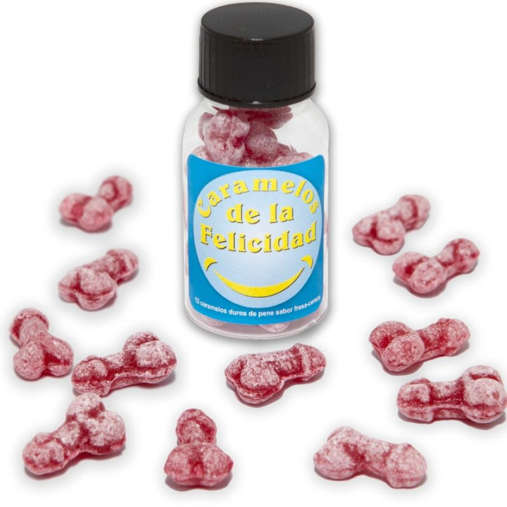 DIABLO PICANTE BOTE 12 CARAMELOS DE LA FELICIDAD FORMA PENE FRESA CEREZA