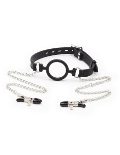 OHMAMA FETISH MORDAZA DE ANILLA CON CADENAS Y PINZAS PEZONES 2