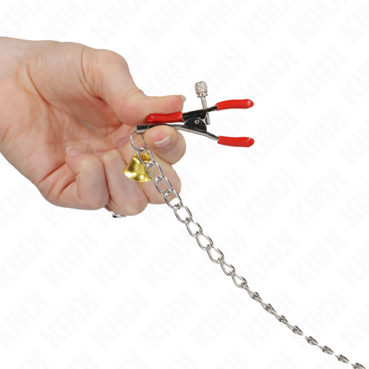 KINK PINZAS PARA PEZONES Y CLITORIS ROJAS CON CASCABEL DORADO Y CADENA 30 CM