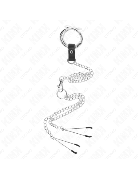KINK ANILLO PENE TRIPLE METAL CROMADO 3 CM A 45 CM CON CADENA METAL 26 CM Y PINZAS PARA PEZONES KINK ANILLO PENE TRIPLE METAL CROMADO 3 CM A 45 CM CON CADENA METAL 26 CM Y PINZAS PARA PEZONES