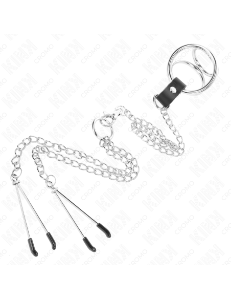 KINK ANILLO PENE TRIPLE METAL CROMADO 3 CM A 45 CM CON CADENA METAL 26 CM Y PINZAS PARA PEZONES KINK ANILLO PENE TRIPLE METAL CROMADO 3 CM A 45 CM CON CADENA METAL 26 CM Y PINZAS PARA PEZONES