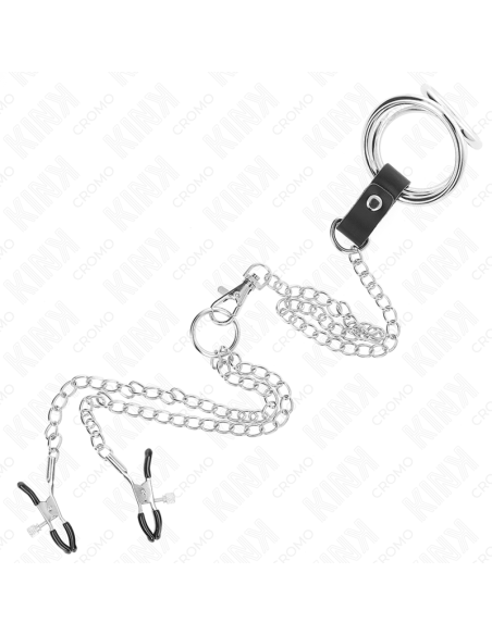 KINK ANILLO PENE TRIPLE METAL CROMADO 38 CM A 5 CM CON CADENA METAL 26 CM Y PINZAS PARA PEZONES MODELO 1 KINK ANILLO PENE TRIPLE METAL CROMADO 38 CM A 5 CM CON CADENA METAL 26 CM Y PINZAS PARA PEZONES MODELO 1