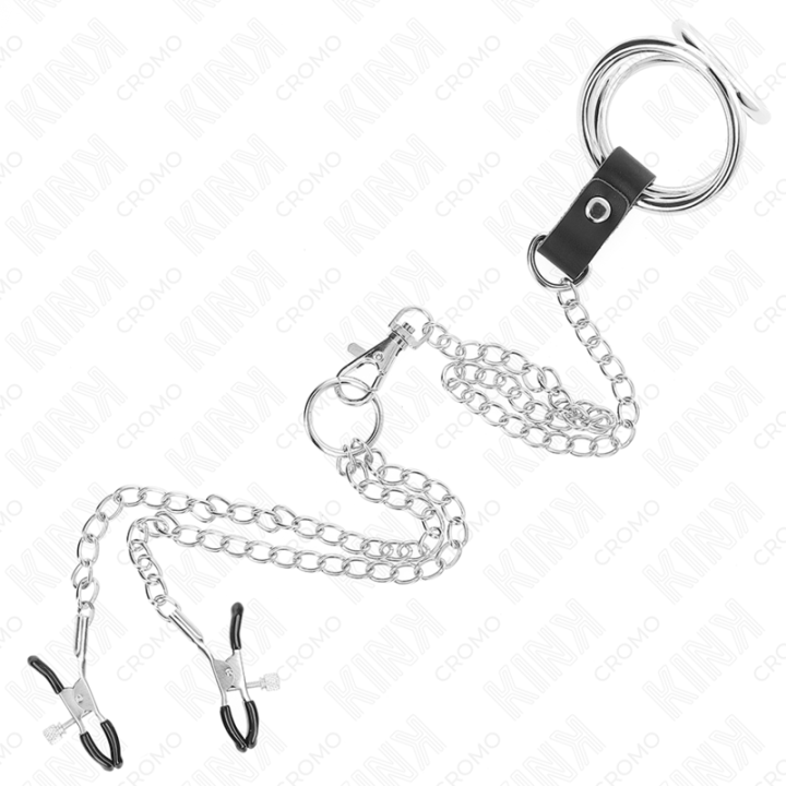 KINK ANILLO PENE TRIPLE METAL CROMADO 38 CM A 5 CM CON CADENA METAL 26 CM Y PINZAS PARA PEZONES MODELO 1