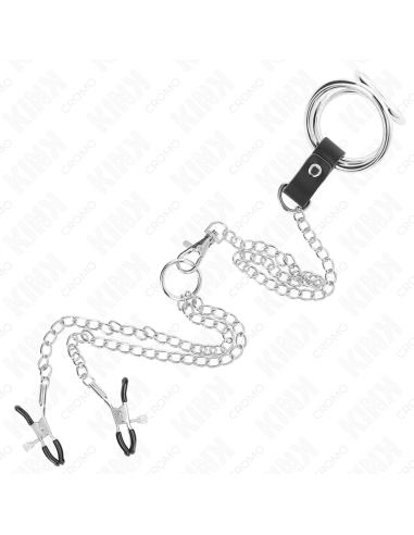 KINK ANILLO PENE TRIPLE METAL CROMADO 3 CM A 45 CM CON CADENA METAL 26 CM Y PINZAS PARA PEZONES