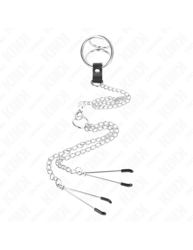 KINK ANILLO PENE TRIPLE METAL CROMADO 38 CM A 5 CM CADENA METAL 26 CM Y PINZAS PARA PEZONES MODELO 2