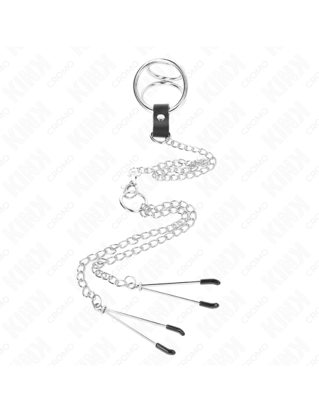 KINK ANILLO PENE TRIPLE METAL CROMADO 38 CM A 5 CM CADENA METAL 26 CM Y PINZAS PARA PEZONES MODELO 2