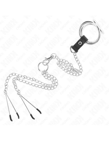 KINK ANILLO PENE TRIPLE METAL CROMADO 38 CM A 5 CM CADENA METAL 26 CM Y PINZAS PARA PEZONES MODELO 2