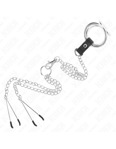 KINK ANILLO PENE TRIPLE METAL CROMADO 38 CM A 5 CM CADENA METAL 26 CM Y PINZAS PARA PEZONES MODELO 2