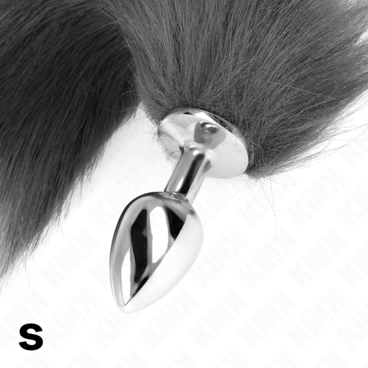 KINK PLUG ANAL TALLA S 7 X 3 CM CON COLA SINTETICA 40 CM PLATEADO Y BLANCO