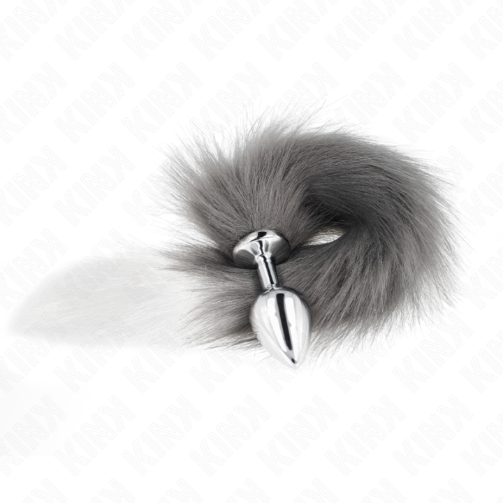 KINK PLUG ANAL TALLA M 8 X 35 CM CON COLA SINTETICA 40 CM PLATEADO Y BLANCO