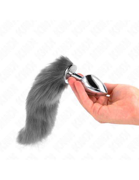 KINK PLUG ANAL TALLA L 10 X 4 CM CON COLA SINTETICA 40 CM PLATEADO Y BLANCO