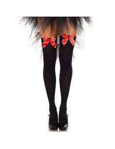 LEG AVENUE MEDIAS ALTAS NEGRAS CON LACITO ROJO TALLA UNICA