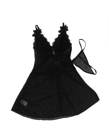 SUBBLIME BABYDOLL TELA DE TUL DETALLE ENCAJE Y FLOR NEGRO S M