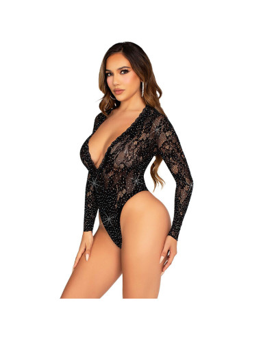 LEG AVENUE BODY DE ENCAJE Y MANGA LARGA CON DIAMANTES NEGRO TALLA UNICA