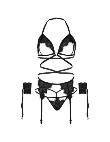 LEG AVENUE SET CUATRO PIEZAS SUJETADOR LIGUERO TANGA Y PUNOS TALLA UNICA NEGRO