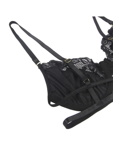 SUBBLIME SET DE 3 PIEZAS SUJETADOR TANGA LIGA ENCAJE NEGRO S M