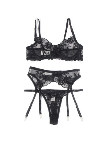 SUBBLIME SET DE 3 PIEZAS SUJETADOR TANGA LIGA ESTAMPADO FLORAL NEGRO S M