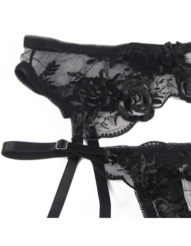 SUBBLIME SET DE 3 PIEZAS SUJETADOR TANGA LIGA ESTAMPADO FLORAL NEGRO S M