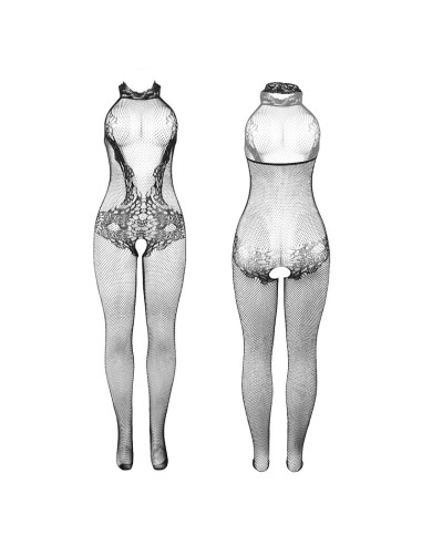 SUBBLIME 951801 BODYSTOCKING CROTCHLESS DE REJILLA Y ENCAJE CON CUELLO ALTO NEGRO TALLA UNICA