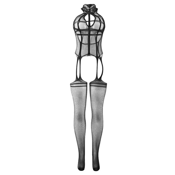 SUBBLIME 951986 BODYSTOCKING CROTCHLESS DE REJILLA CON ESTAMPADOS EN EL CUELLO NEGRO TALLA UNICA