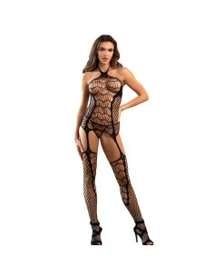 SUBBLIME 952105 BODYSTOCKING CROTCHLESS DE REJILLA CON CUELLO HALTER Y ESPALDA ABIERTA NEGRO TALLA UNICA