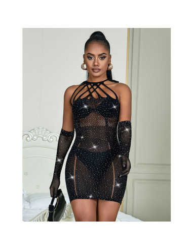 SUBBLIME 952235 VESTIDO DE REJILLA CON BRILLANTES NEGRO TALLA UNICA