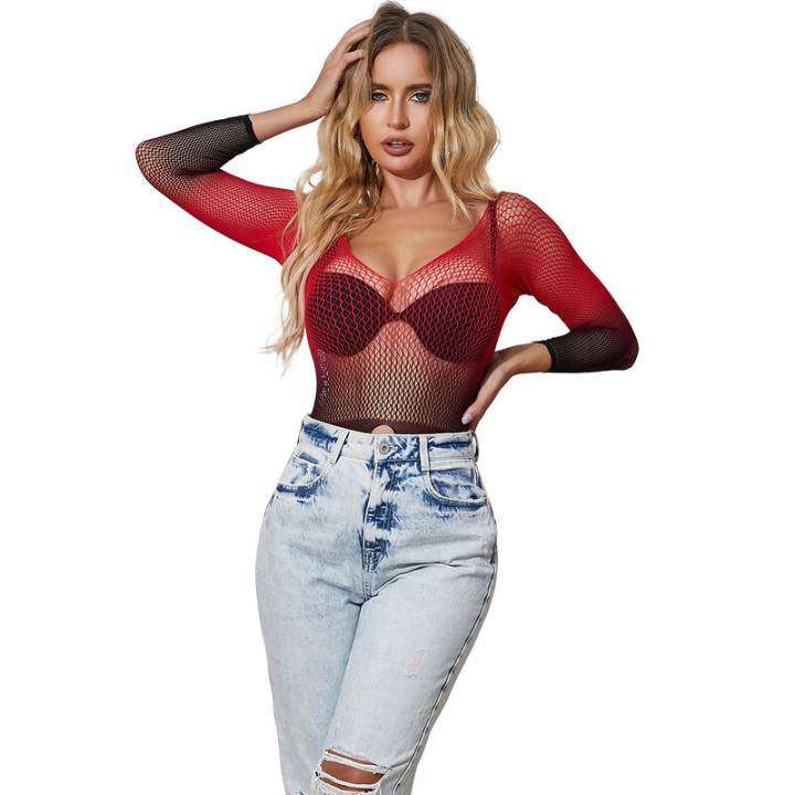 SUBBLIME 952259 VESTIDO DE REJILLA ELASTICO MANGA LARGA DEGRADADO ROJO Y NEGRO TALLA UNICA