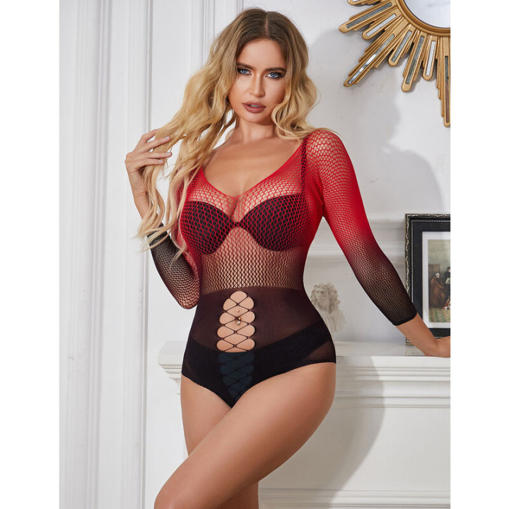 SUBBLIME 952259 VESTIDO DE REJILLA ELASTICO MANGA LARGA DEGRADADO ROJO Y NEGRO TALLA UNICA