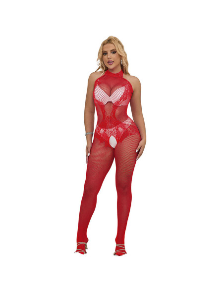 SUBBLIME 952372 BODYSTOCKING CROTCHLESS DE REJILLA Y ENCAJE CON CUELLO ALTO ROJO TALLA UNICA