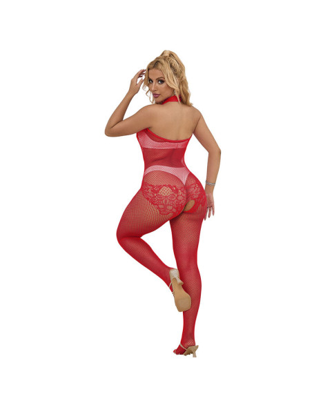 SUBBLIME 952372 BODYSTOCKING CROTCHLESS DE REJILLA Y ENCAJE CON CUELLO ALTO ROJO TALLA UNICA
