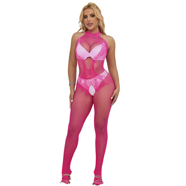 SUBBLIME 952389 BODYSTOCKING CROTCHLESS DE REJILLA Y ENCAJE CON CUELLO ALTO ROSA TALLA UNICA