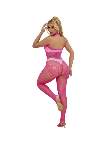 SUBBLIME 952389 BODYSTOCKING CROTCHLESS DE REJILLA Y ENCAJE CON CUELLO ALTO ROSA TALLA UNICA