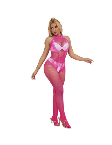 SUBBLIME 952389 BODYSTOCKING CROTCHLESS DE REJILLA Y ENCAJE CON CUELLO ALTO ROSA TALLA UNICA