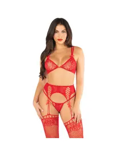LEG AVENUE SUJETADOR TANGA MEDIAS DE REJILLA ROJO TALLA UNICA