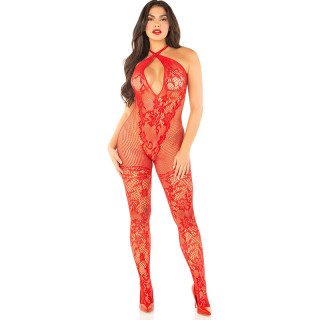 LEG AVENUE BODYSTOCKING DE REJILLA CON ESTAMPADO DE FLORES ROJO TALLA UNICA