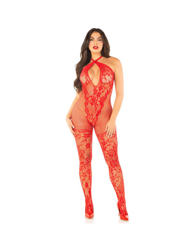 LEG AVENUE BODYSTOCKING DE REJILLA CON ESTAMPADO DE FLORES ROJO TALLA UNICA