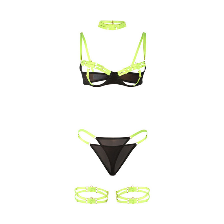 SUBBLIME 955274 SET SUJETADOR CON COLLAR Y DETALLES PARA PIERNAS VERDE FLUORESCENTE S M