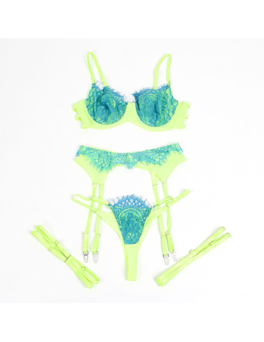 SUBBLIME 955311 SET SUJETADOR CON ENCAJE Y LIGUEROS VERDE Y AZUL S M