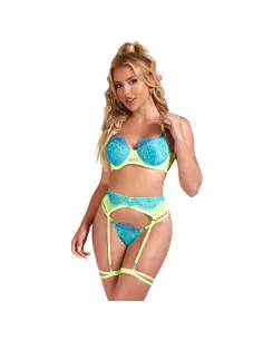 SUBBLIME 955328 SET SUJETADOR CON ENCAJE Y LIGUEROS VERDE Y AZUL L XL